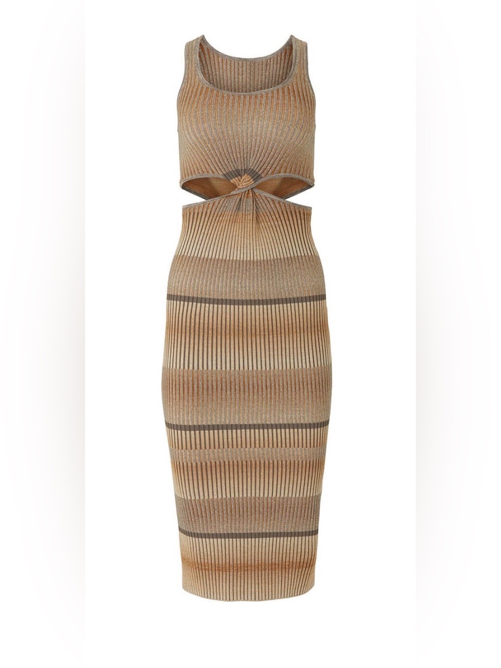 LoveShackFancy Tan and Beige Striped Midi Dress with Cutout